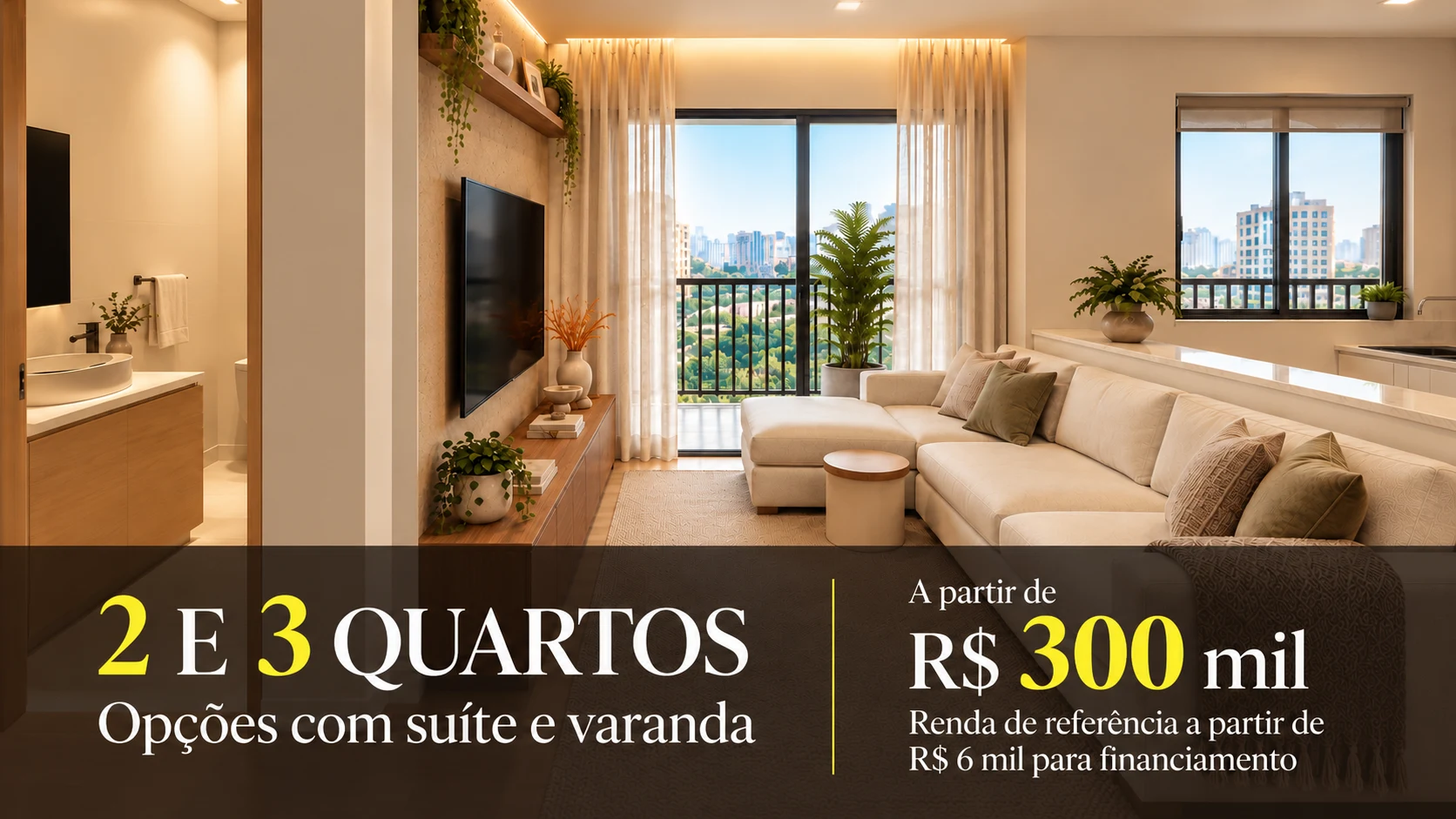 2 e 3 quartos, opções com suíte e varanda, valor informado a partir de R$ 300 mil, renda de referência a partir de R$ 6 mil para financiamento